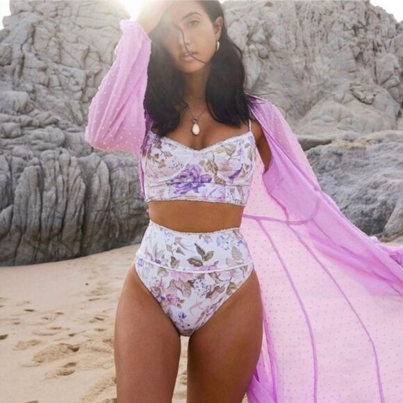 EXPRESS X Rocky Barnes Lilac Swiss Dot Button Front Kimono Sheer Dress Sz M - Picture 13 of 14